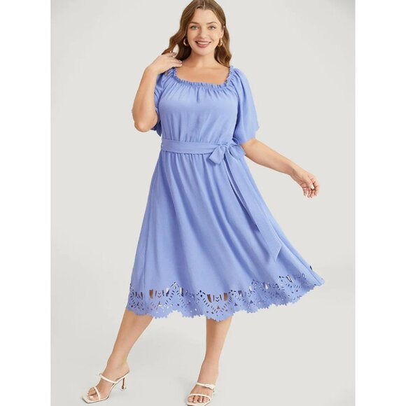 NWT BloomChic Blue Laser Cut Pocket Belted Frill Trim Off Shoulder Dress 12/L - Picture 6 of 12